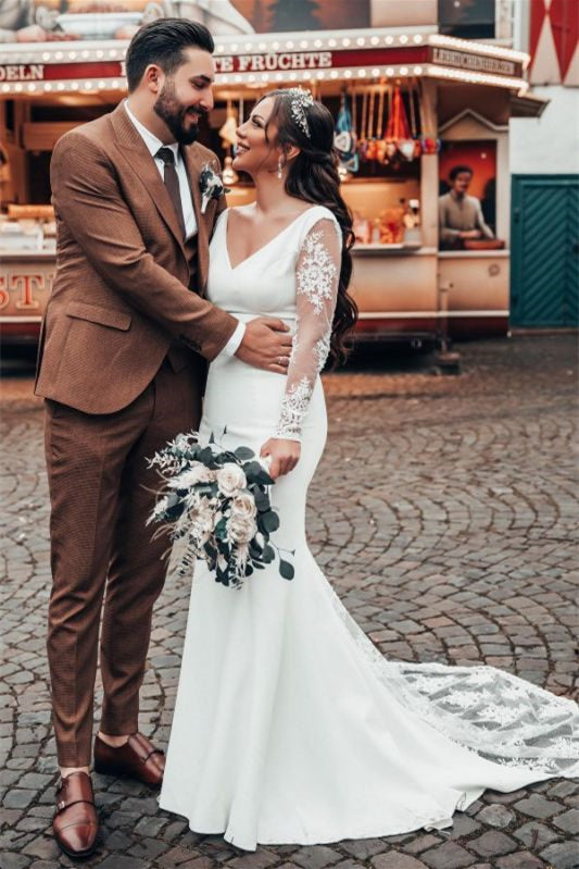 Mermaid V Neck Lace Wedding Dress with Long Sleeves