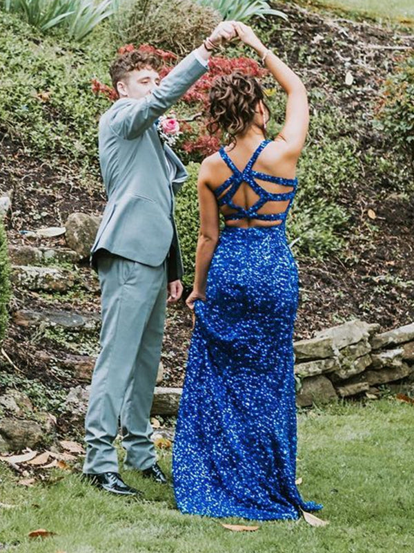 Mermaid V Neck Open Back Blue Sequins Long Prom Dresses, High Slit Mermaid Blue Formal Dresses, Shiny Sequins Blue Evening Dresses