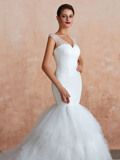 Mermaid Wedding Dress Beaded V Neck Sleeveless Bridal Gowns With Train