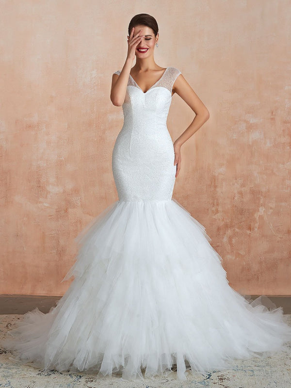 Mermaid Wedding Dress Beaded V Neck Sleeveless Bridal Gowns With Train