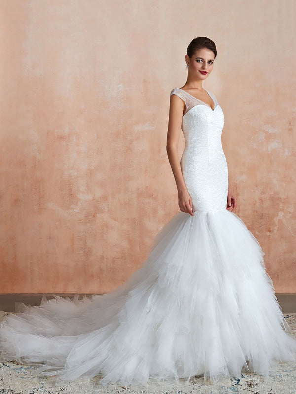 Mermaid Wedding Dress Beaded V Neck Sleeveless Bridal Gowns With Train
