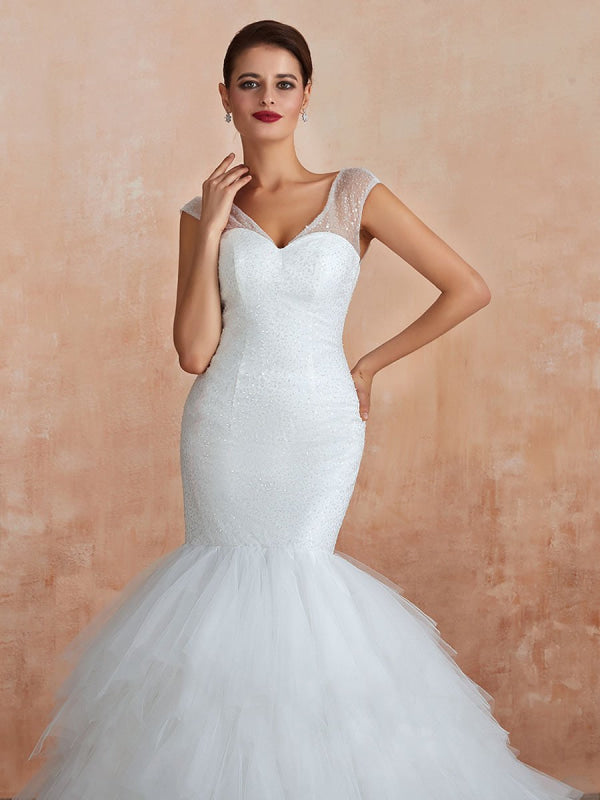 Mermaid Wedding Dress Beaded V Neck Sleeveless Bridal Gowns With Train