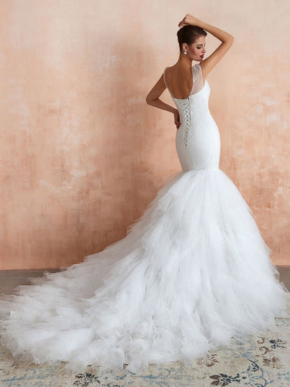 Mermaid Wedding Dress Beaded V Neck Sleeveless Bridal Gowns With Train