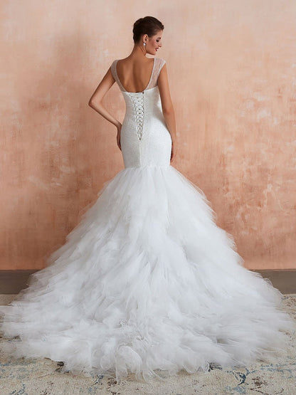 Mermaid Wedding Dress Beaded V Neck Sleeveless Bridal Gowns With Train