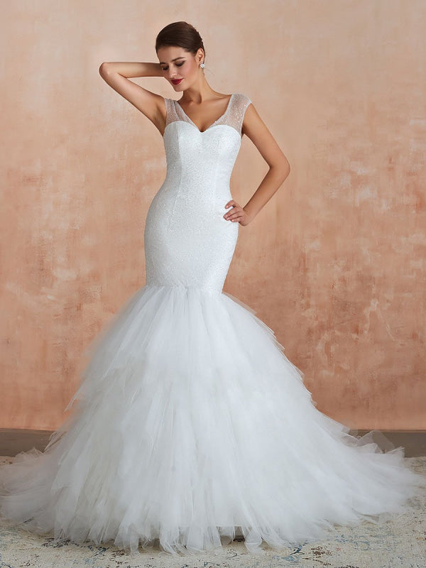 Mermaid Wedding Dress Beaded V Neck Sleeveless Bridal Gowns With Train
