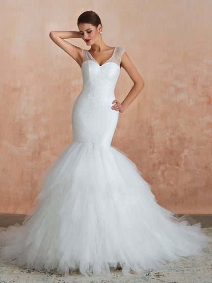 Mermaid Wedding Dress Beaded V Neck Sleeveless Bridal Gowns With Train