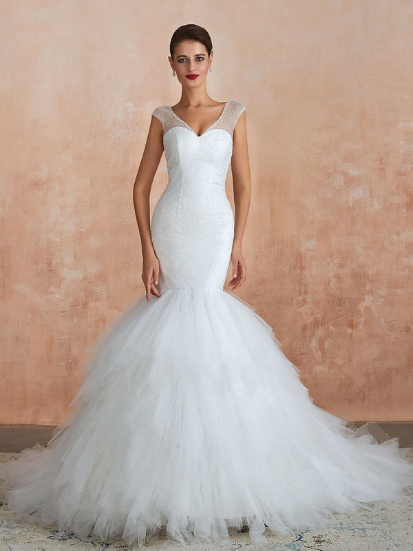 Mermaid Wedding Dress Beaded V Neck Sleeveless Bridal Gowns With Train