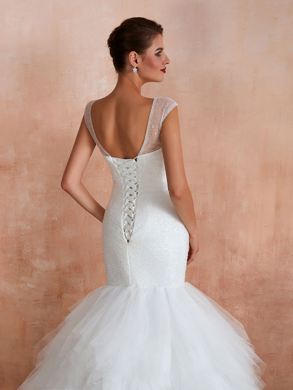 Mermaid Wedding Dress Beaded V Neck Sleeveless Bridal Gowns With Train