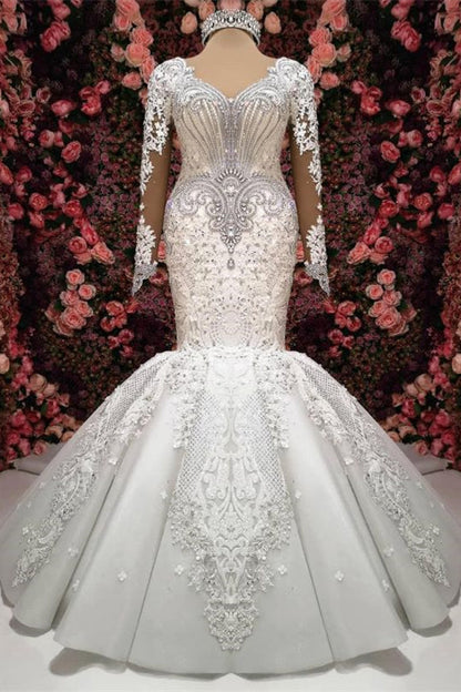 Mermaid Wedding Dress Lace Appliques With Beadings - Sweetheart Long Sleeves New Arrival