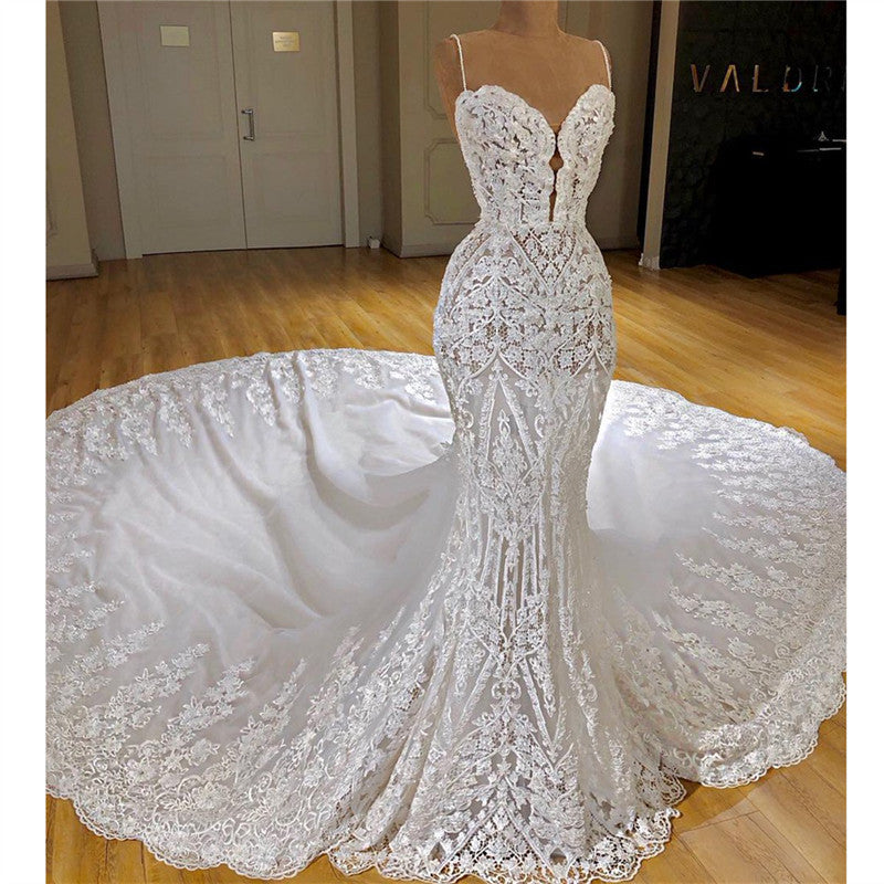 Mermaid Wedding Dress with Lace Appliques - Charming Spaghetti-Straps