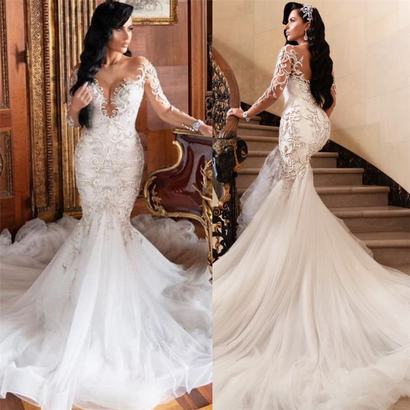 Mermaid Wedding Dress with Long Sleeves & Lace Appliques