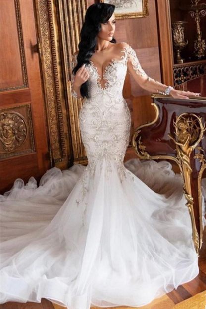 Mermaid Wedding Dress with Long Sleeves & Lace Appliques