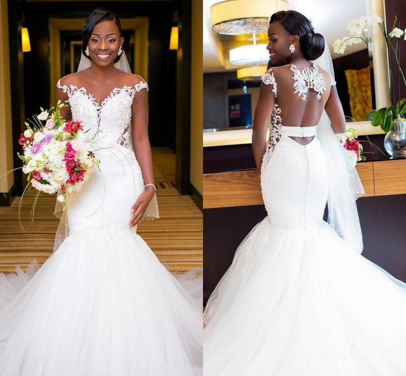 Mermaid Wedding Dress with Stunning Lace Appliques and Cap Sleeves