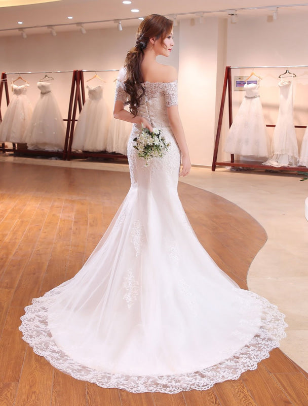 Off The Shoulder Mermaid Wedding Dress | Ivory Lace Beading Short Sleeve Bridal Gown With Train