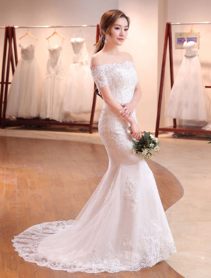 Off The Shoulder Mermaid Wedding Dress | Ivory Lace Beading Short Sleeve Bridal Gown With Train