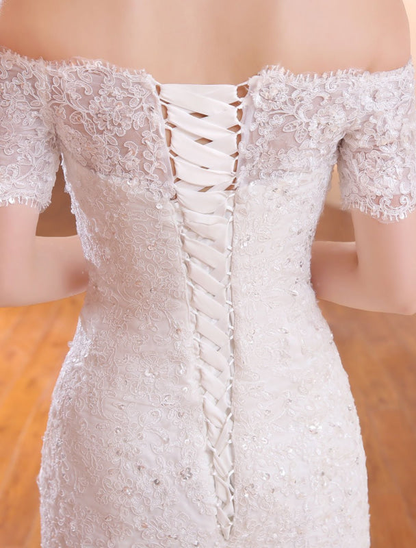 Off The Shoulder Mermaid Wedding Dress | Ivory Lace Beading Short Sleeve Bridal Gown With Train