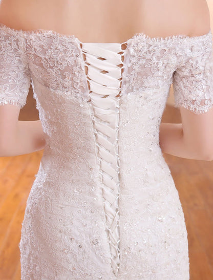Off The Shoulder Mermaid Wedding Dress | Ivory Lace Beading Short Sleeve Bridal Gown With Train