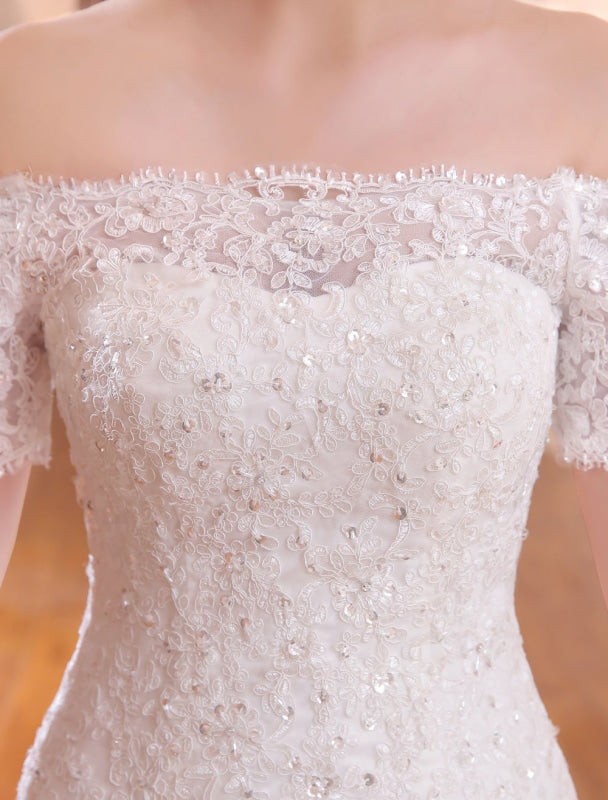 Off The Shoulder Mermaid Wedding Dress | Ivory Lace Beading Short Sleeve Bridal Gown With Train