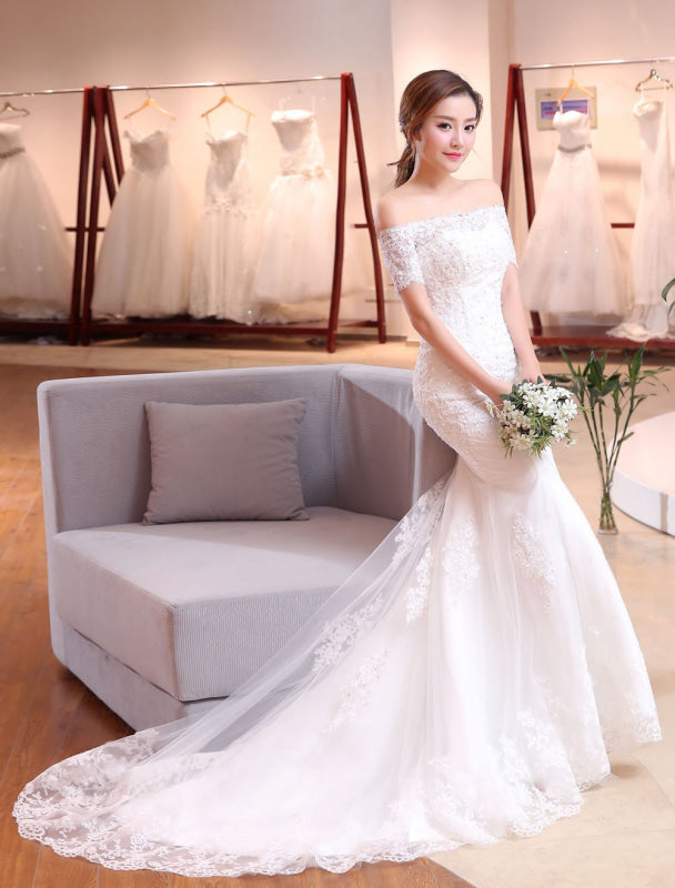 Off The Shoulder Mermaid Wedding Dress | Ivory Lace Beading Short Sleeve Bridal Gown With Train