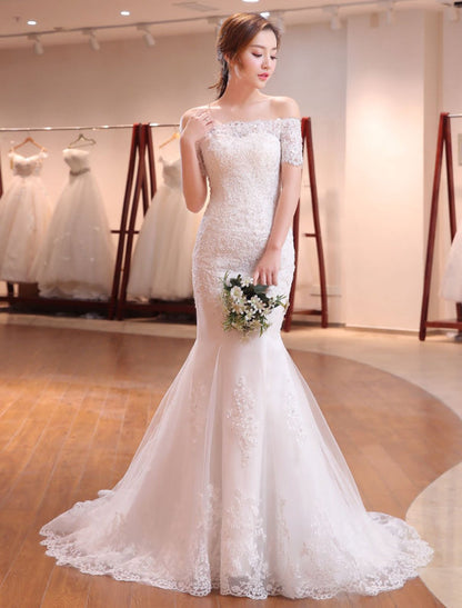Off The Shoulder Mermaid Wedding Dress | Ivory Lace Beading Short Sleeve Bridal Gown With Train