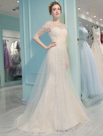 Mermaid Wedding Dresses Lace Half Sleeve Illusion Sweetheart Beading Keyhole Bridal Gown With Train