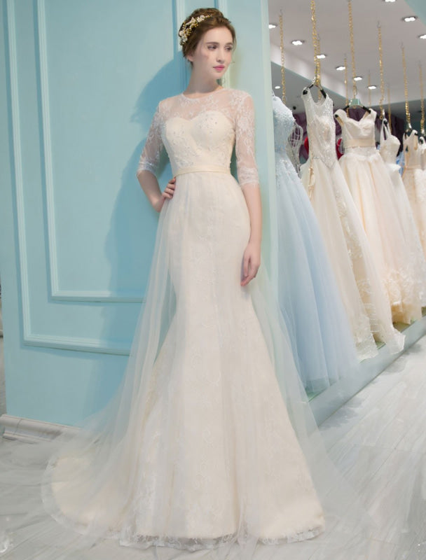 Mermaid Wedding Dresses Lace Half Sleeve Illusion Sweetheart Beading Keyhole Bridal Gown With Train