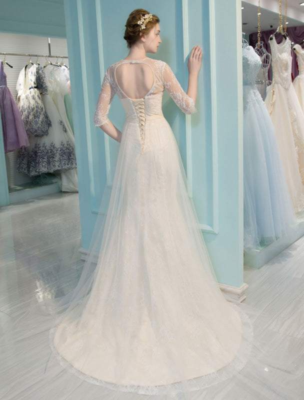 Mermaid Wedding Dresses Lace Half Sleeve Illusion Sweetheart Beading Keyhole Bridal Gown With Train