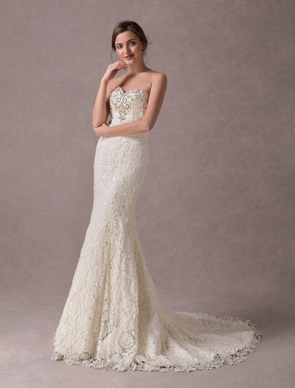 Mermaid Wedding Dresses Lace Strapless Ivory Sweetheart Beaded Bridal Dress With Train