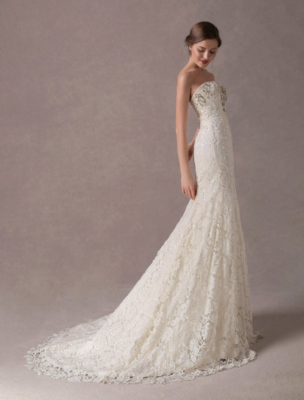 Mermaid Wedding Dresses Lace Strapless Ivory Sweetheart Beaded Bridal Dress With Train