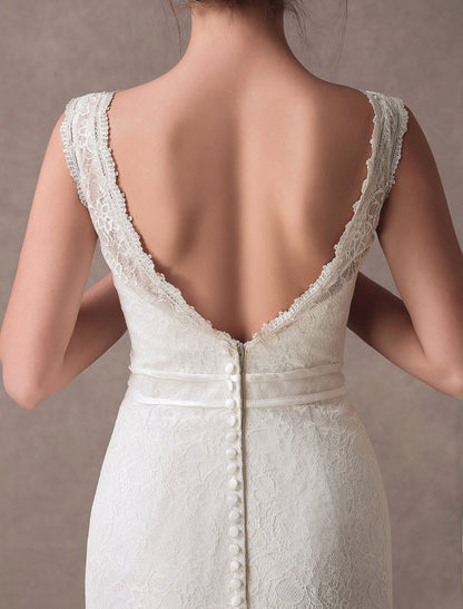 Mermaid Wedding Dresses Lace V Neck Flower Sash Ivory Bridal Dress With Train