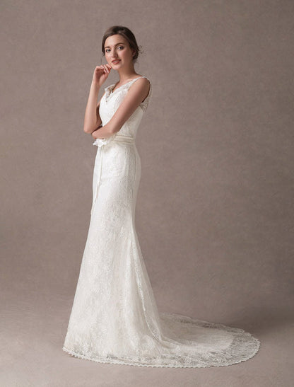Mermaid Wedding Dresses Lace V Neck Flower Sash Ivory Bridal Dress With Train