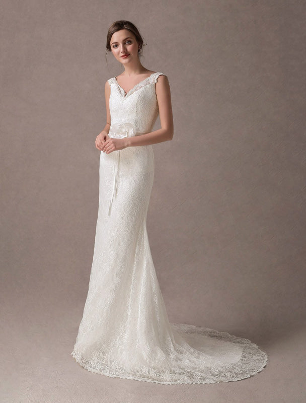 Mermaid Wedding Dresses Lace V Neck Flower Sash Ivory Bridal Dress With Train