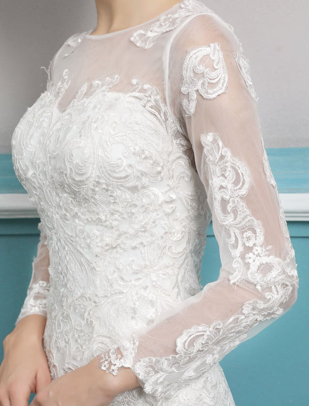 Mermaid Wedding Dresses Long Sleeve Ivory Lace Illusion Train Bridal Gowns