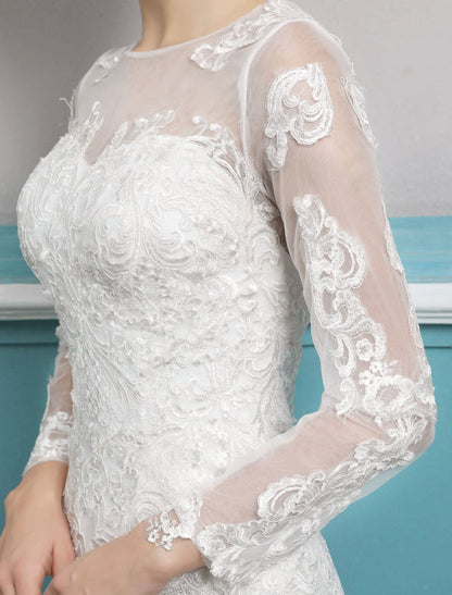Mermaid Wedding Dresses Long Sleeve Ivory Lace Illusion Train Bridal Gowns