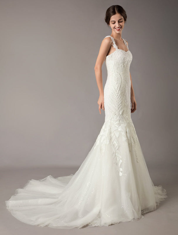 Mermaid Wedding Dresses Sequin Lace Tulle Bridal Gowns