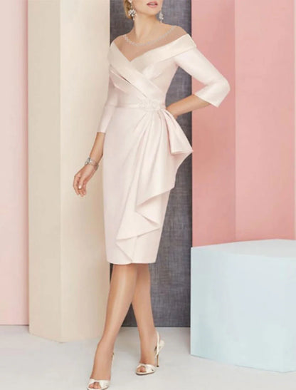 Sheath / Column Mother of the Bride Dress Wedding Guest Elegant Vintage Plus Size V Neck Knee Length Satin 3/4 Length Sleeve with Sash / Ribbon Ruching