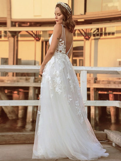 Aimishang  A-Line/Princess Tulle Sleeveless Applique V-neck Sweep/Brush Train Wedding Dresses