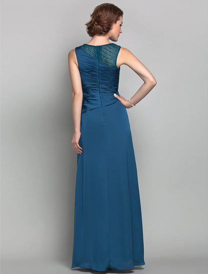 Aimishang Sheath / Column Mother of the Bride Dress Vintage Inspired Jewel Neck Floor Length Satin Chiffon Sleeveless with Beading
