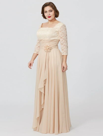 Aimishang  Sheath / Column Mother of the Bride Dress Formal Classic & Timeless Elegant & Luxurious Plus Size Square Neck Floor Length Chiffon Metallic Lace 3/4 Length Sleeve No with Sash / Ribbon Flower