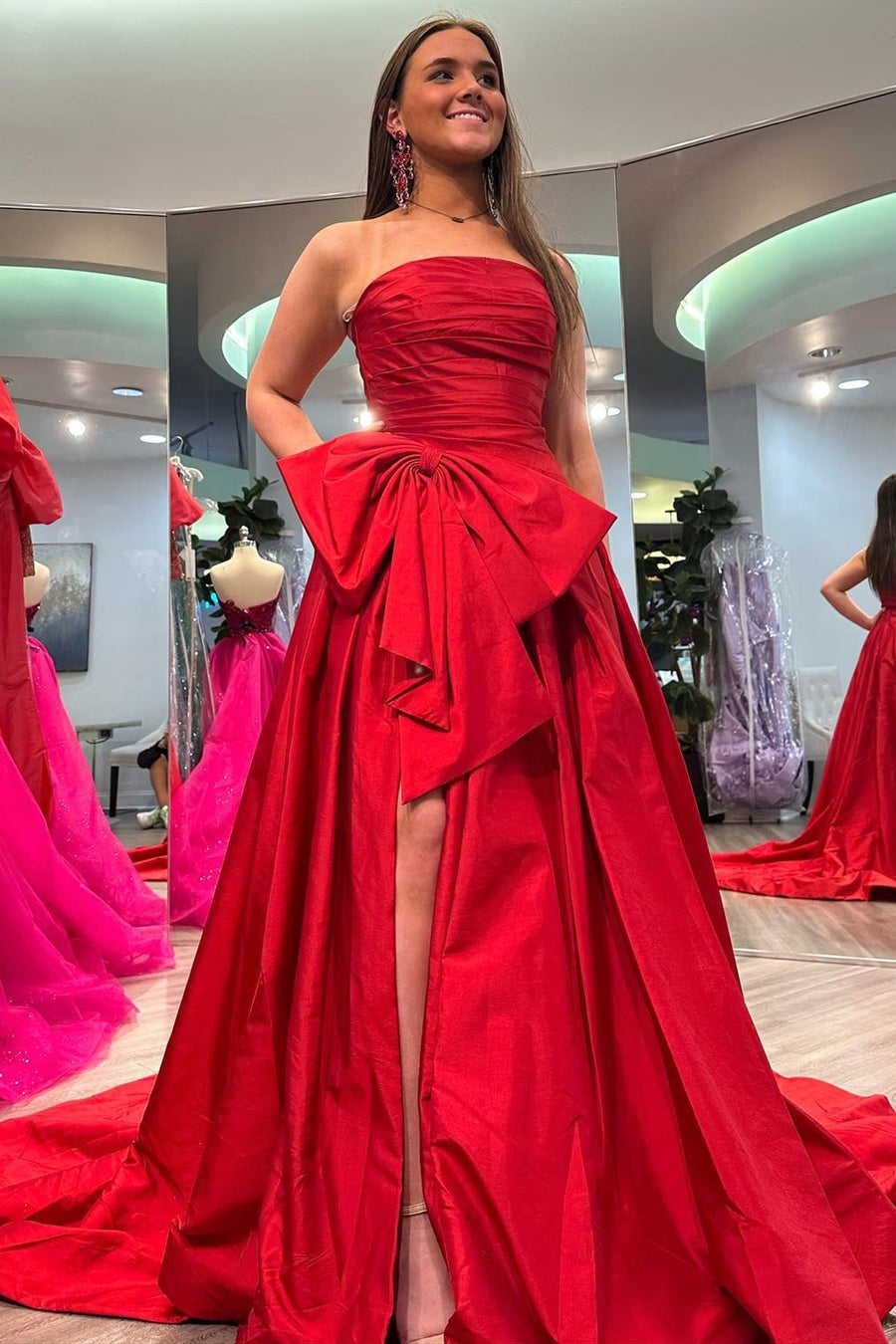 A-Line Strapless Light Blue Satin Long Prom Dress with Bow