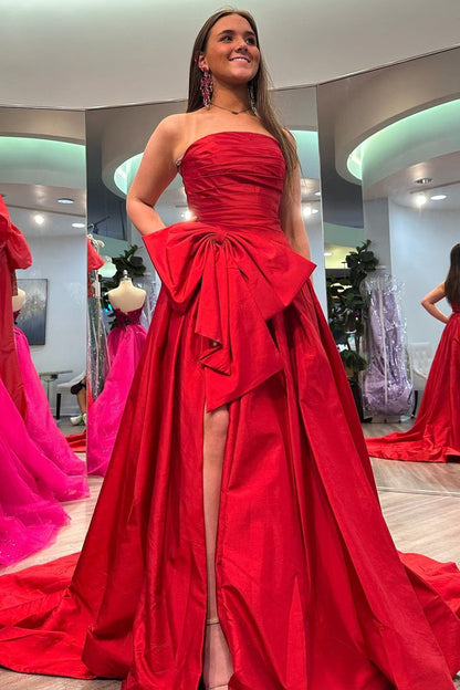 A-Line Strapless Light Blue Satin Long Prom Dress with Bow