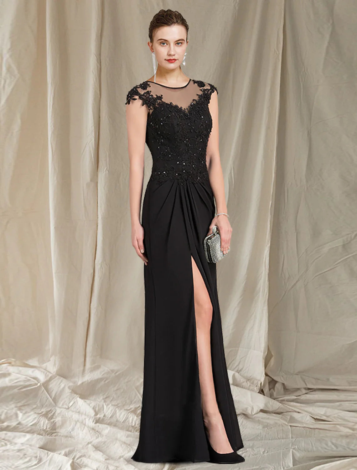 Aimishang  Sheath / Column Mother of the Bride Dress Elegant Jewel Neck Floor Length Chiffon Lace Short Sleeve with Appliques Split Front