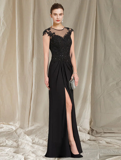 Aimishang  Sheath / Column Mother of the Bride Dress Elegant Jewel Neck Floor Length Chiffon Lace Short Sleeve with Appliques Split Front