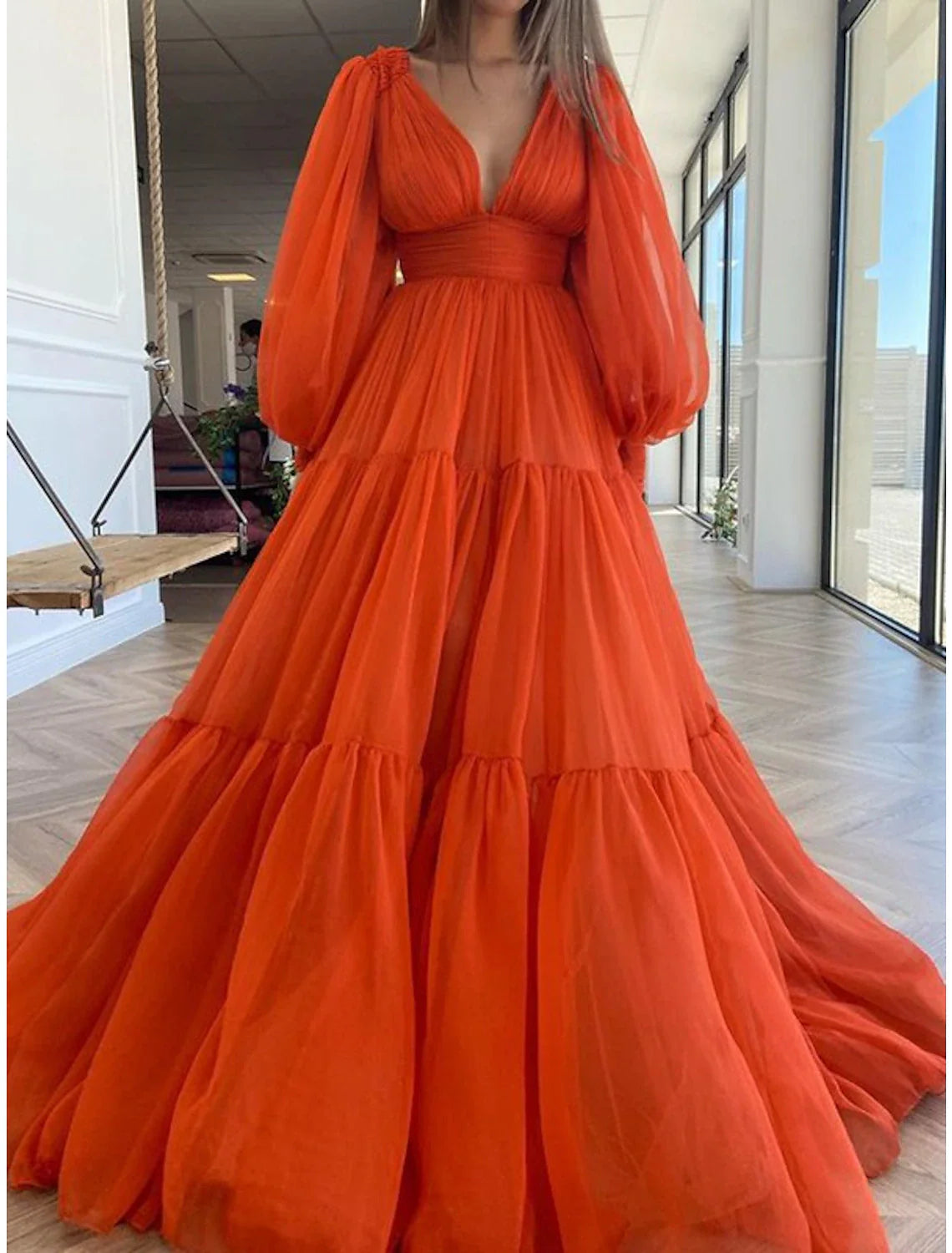 Aimishang A-Line Evening Gown Elegant Dress Red Green Dress Formal Wedding Guest Floor Length Long Sleeve V Neck Chiffon with Ruched