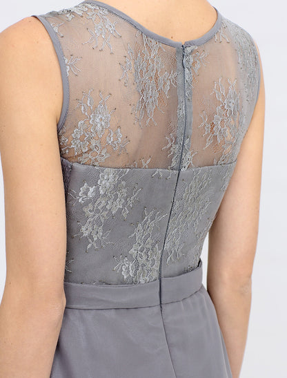Aimishang A-Line Mother of the Bride Dress Fall Wedding Guest Dresses Plus Size Elegant Illusion Neck Tea Length Chiffon Corded Lace Sleeveless Wrap Included with Lace Pleats