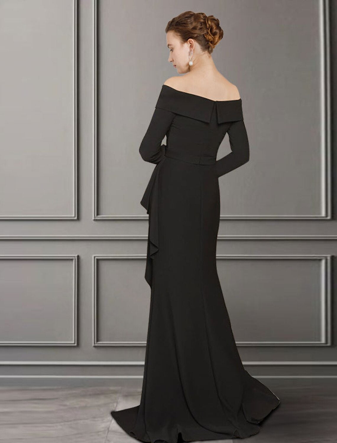 Aimishang  A-Line Mother of the Bride Dress Elegant Off Shoulder Sweep / Brush Train Lace Stretch Fabric Long Sleeve with Ruched Split Front