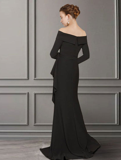 Aimishang  A-Line Mother of the Bride Dress Elegant Off Shoulder Sweep / Brush Train Lace Stretch Fabric Long Sleeve with Ruched Split Front