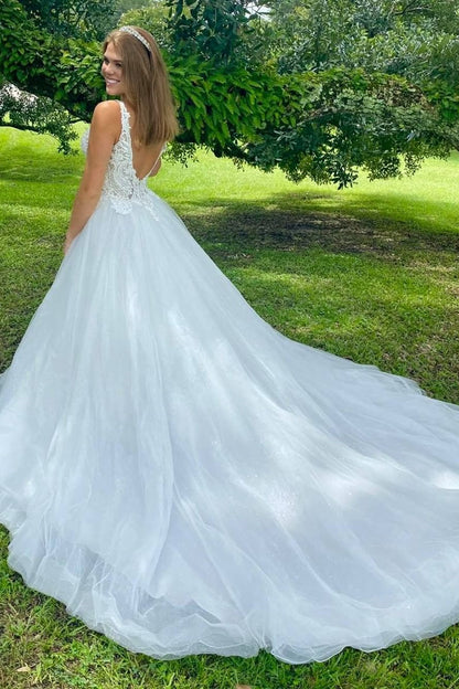 White Lace V-Neck Backless A-Line Wedding Dress