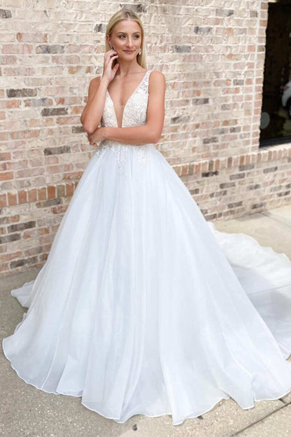 White Lace Plunge V Backless A-Line Long Wedding Dress