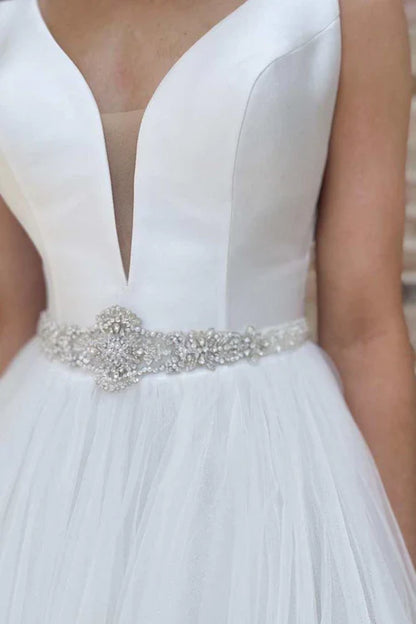 Aimishang Elegant White V-Neck A-Line Long Wedding Dress with Sashes